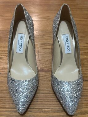 Jimmy Choo Silver Glitter Pointed Pumps. Romy 85.